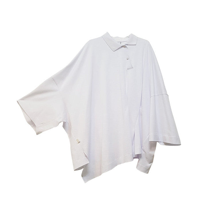 Oversized Asymmetric Wide Polo Top White