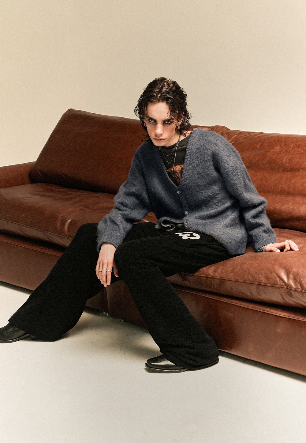 Check brushed cardigan grey