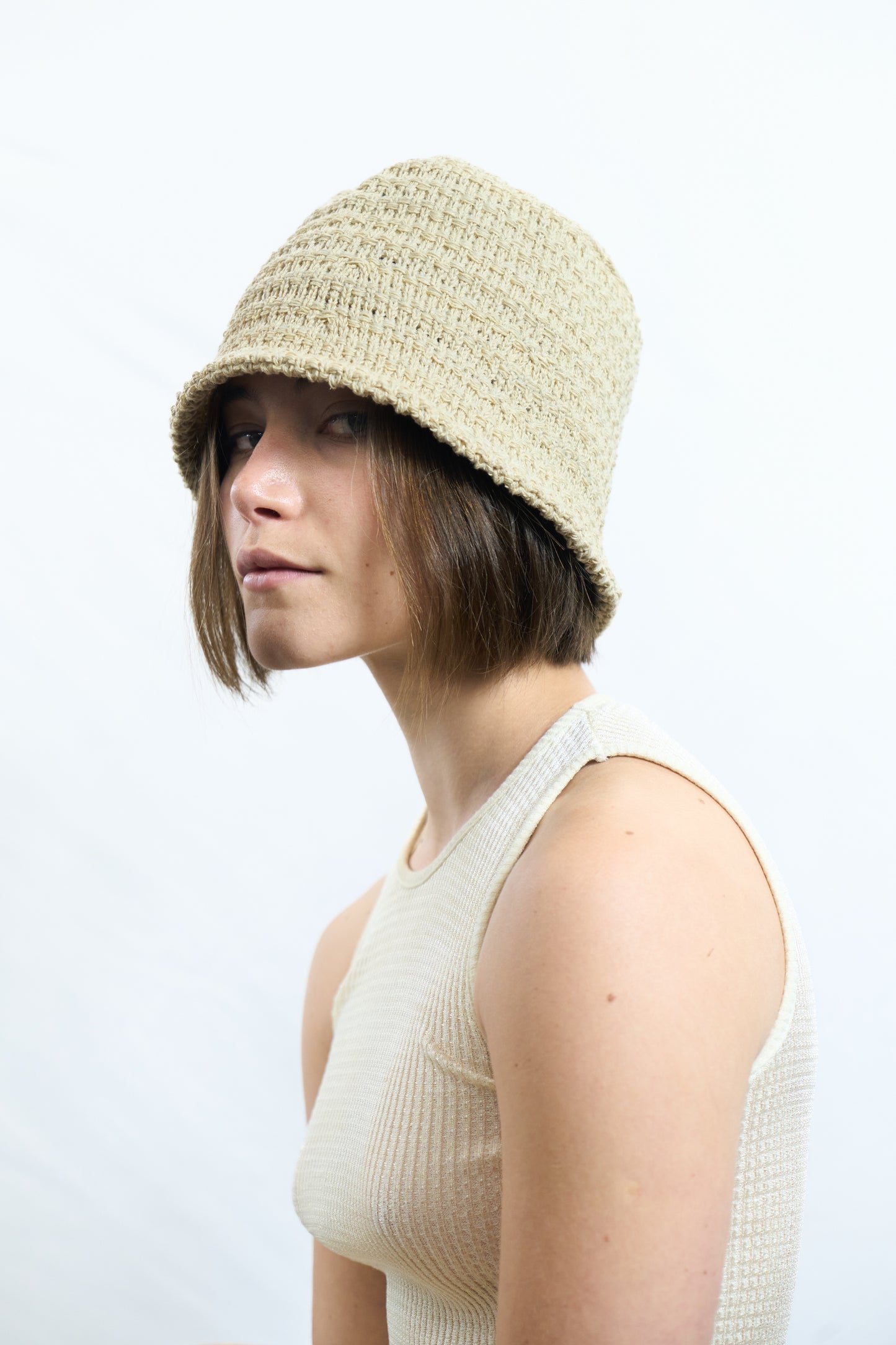 Textured Crochet Bucket Hat Beige