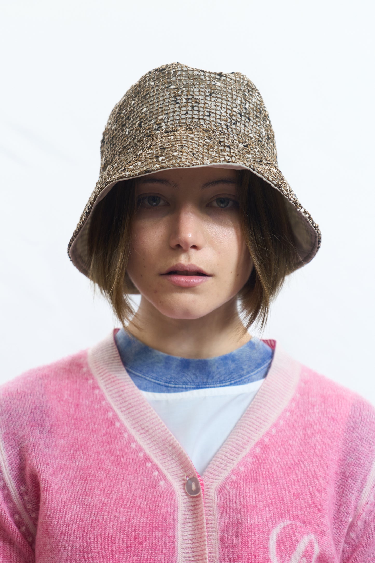 Woven Tweed Bucket Hat Beige