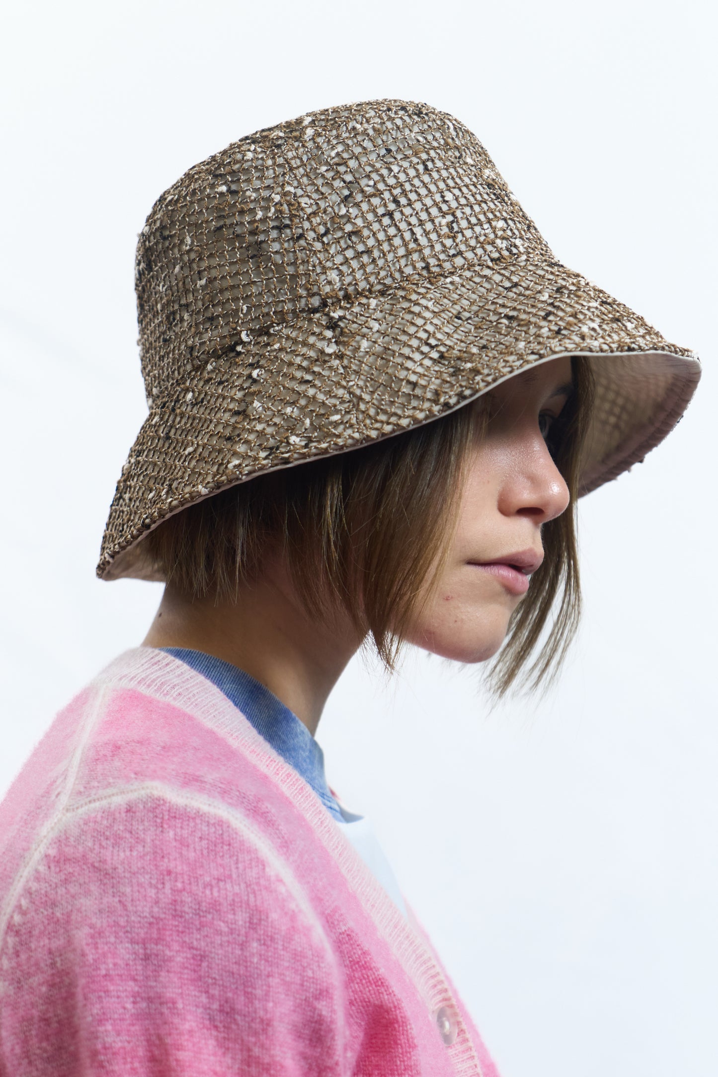 Woven Tweed Bucket Hat Beige
