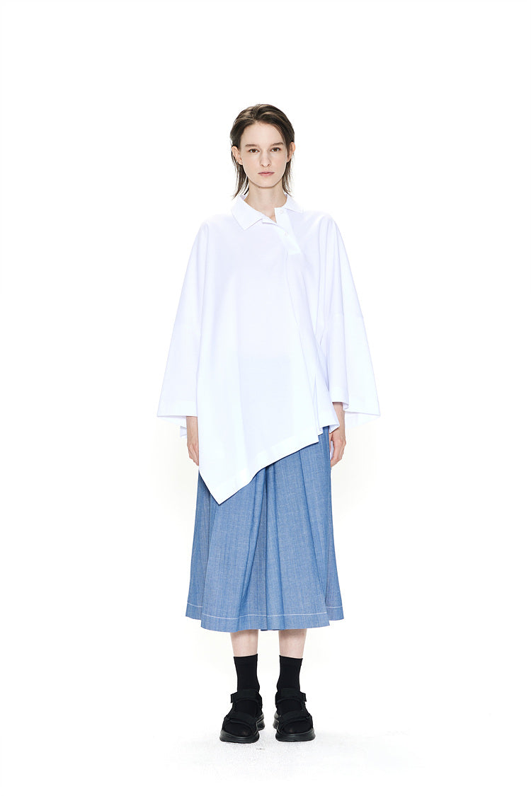 Oversized Asymmetric Wide Polo Top White