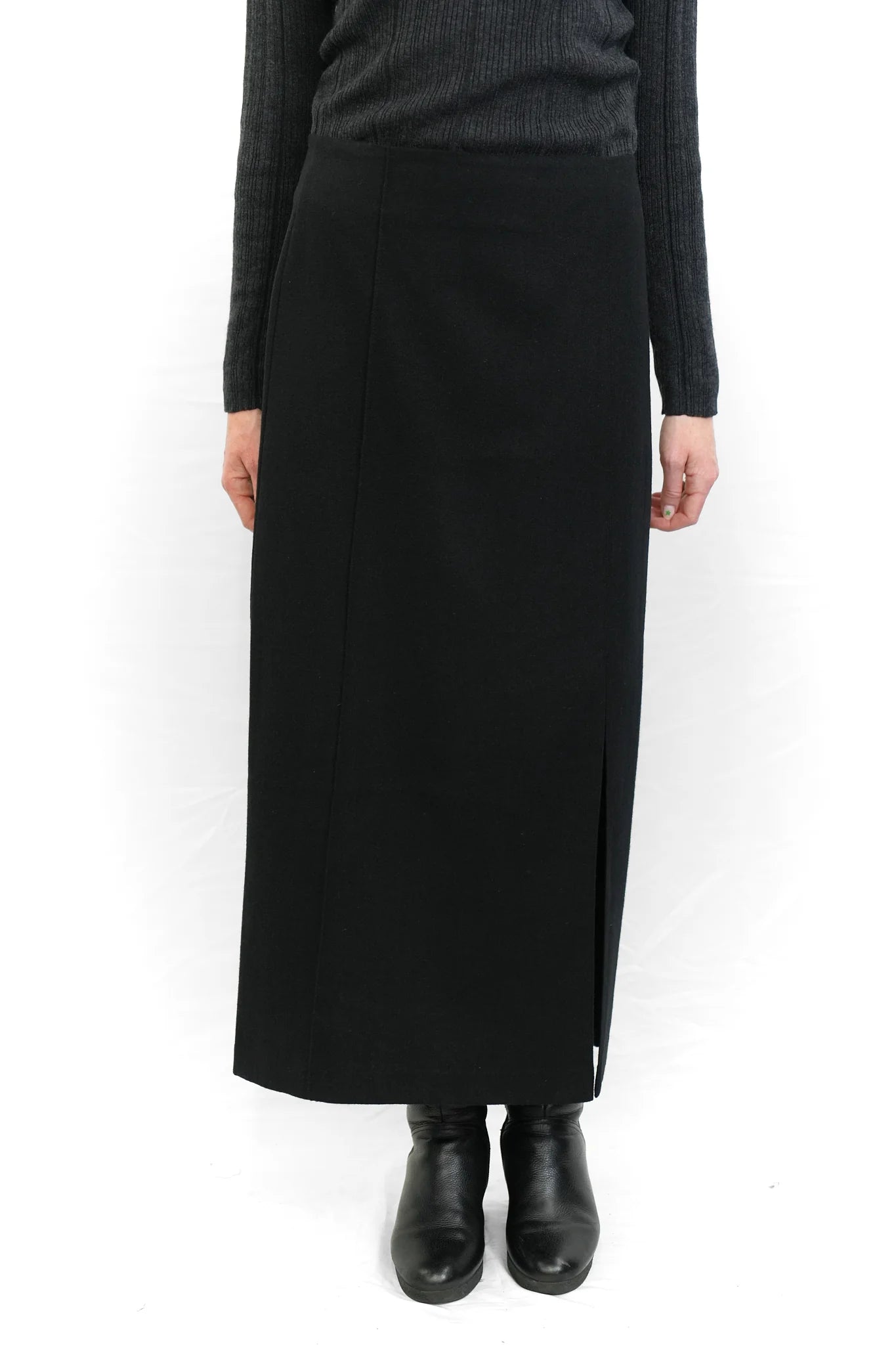 Black wool straight skirt with belt-bag