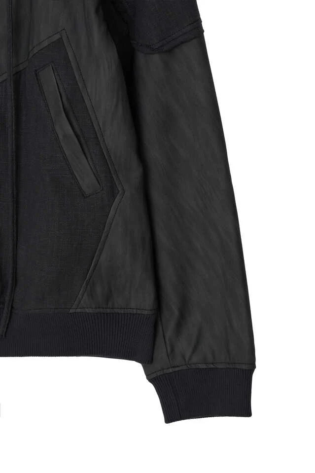 Destroyed Leather And Linen Hoodie Zip-Up Jacket