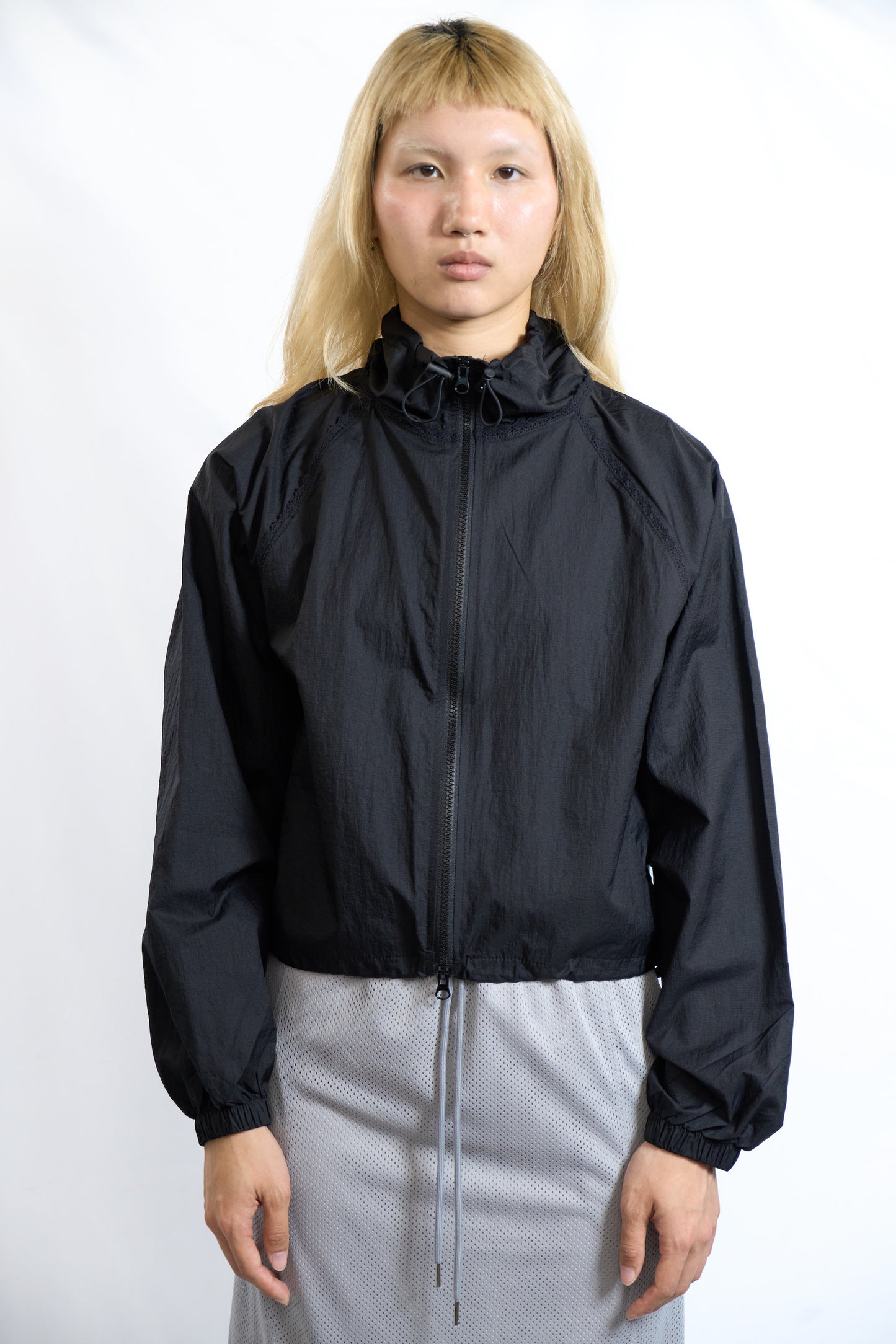 Lace Trim Zip-Up Windbreaker Black