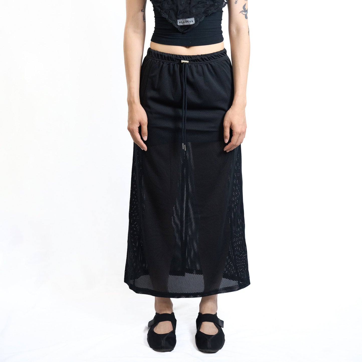 Sporty Mesh Drawstring Skirt Black