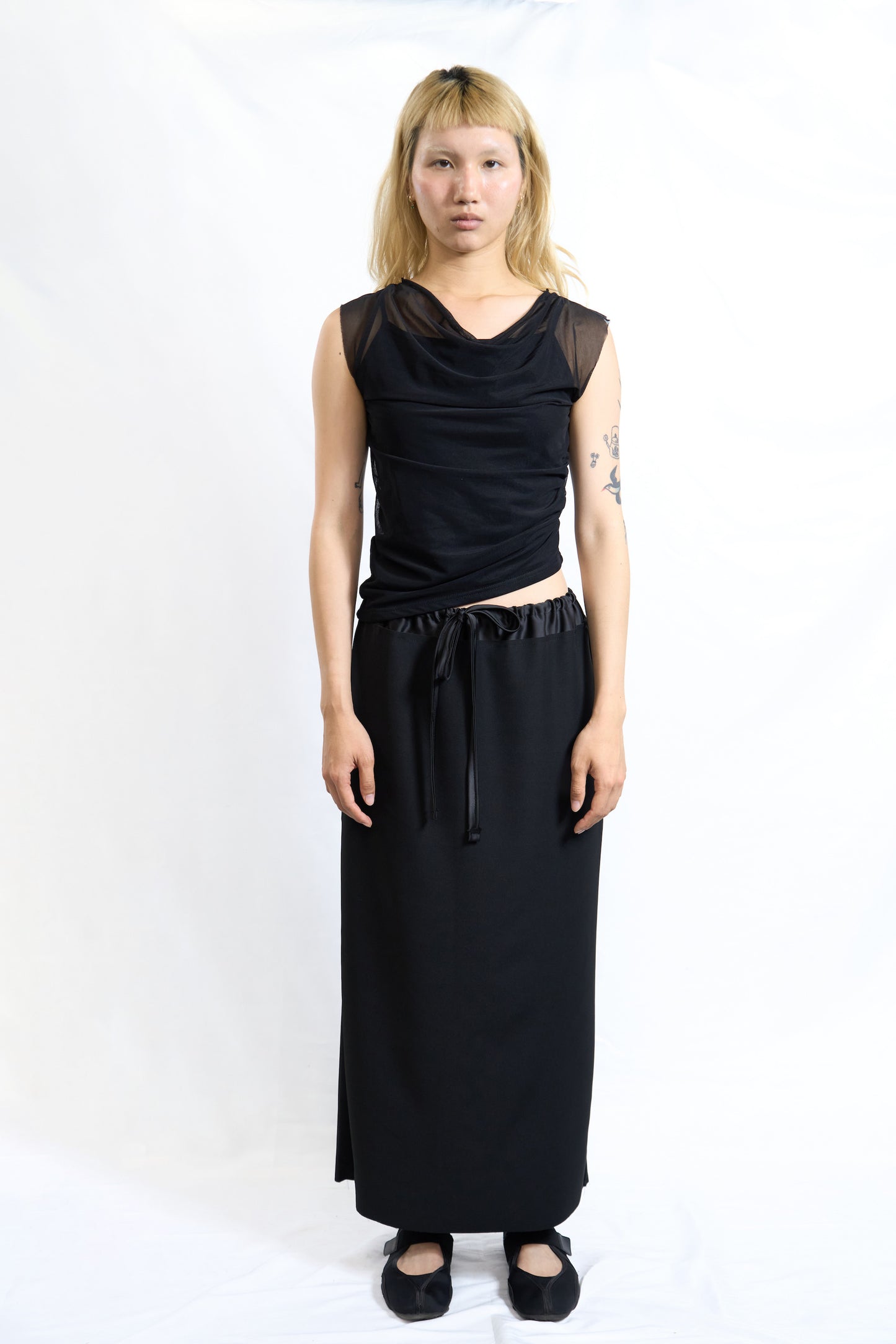 Draped Mesh Sleeveless Top Black