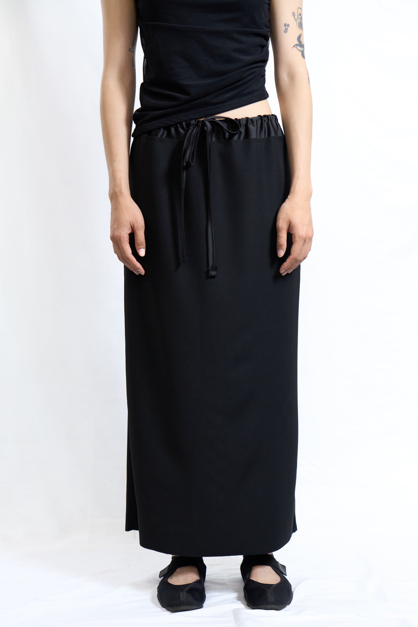 Satin-Waist Straight Skirt Black