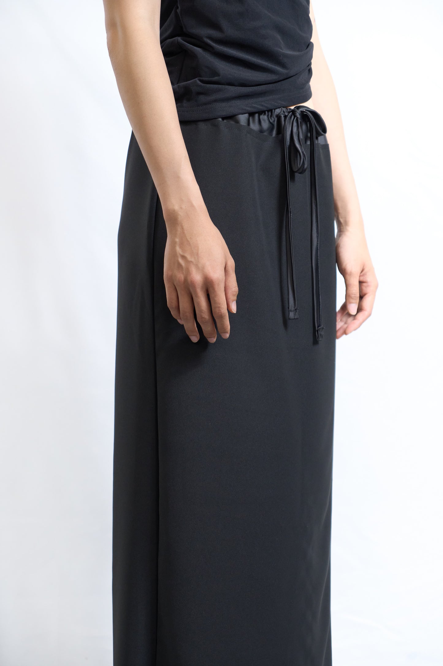 Satin-Waist Straight Skirt Black