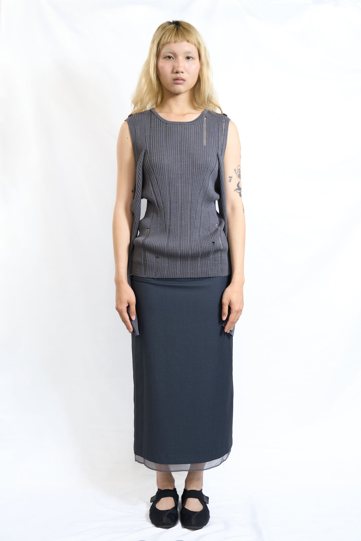 Two-Layer Sheer Hem Skirt Charcoal