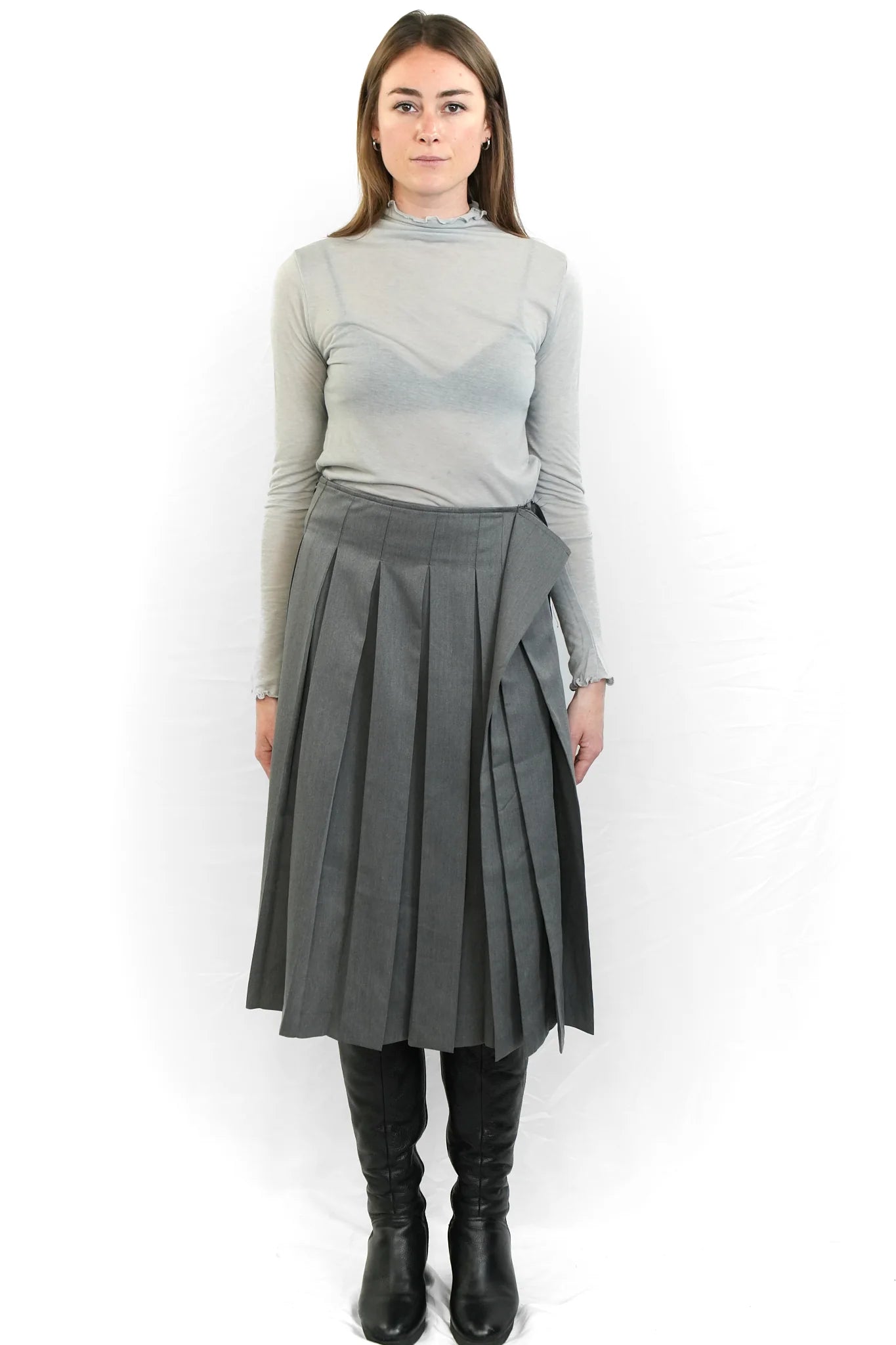 Grey asymmetric pleated skirt