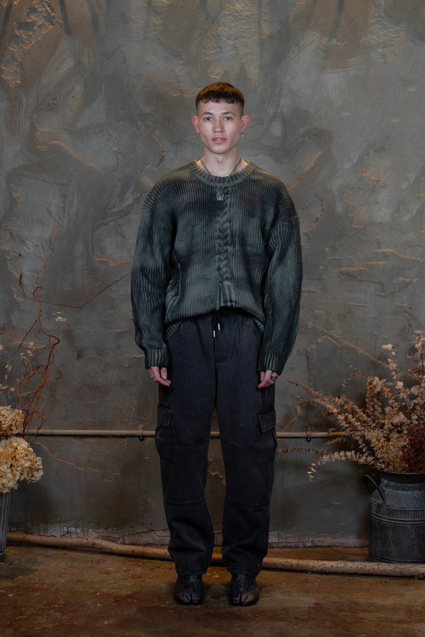 Smeared cable-knit jumper black& olive