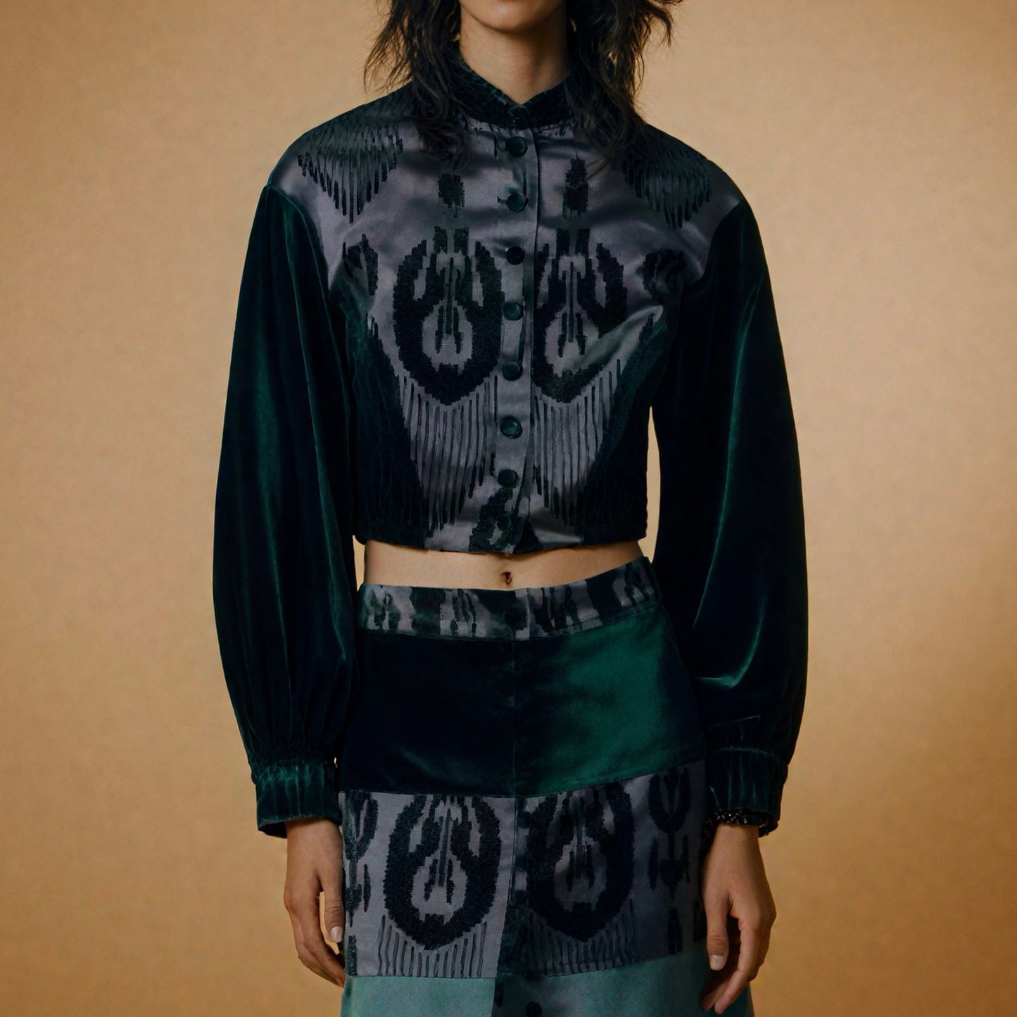 Dark green satin velvet panel short jacket
