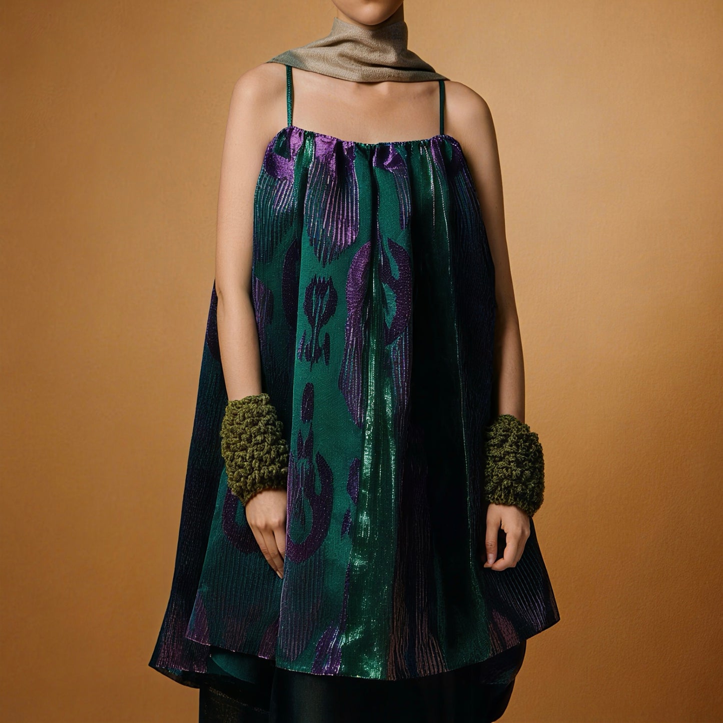 Purple-green satin slip dress