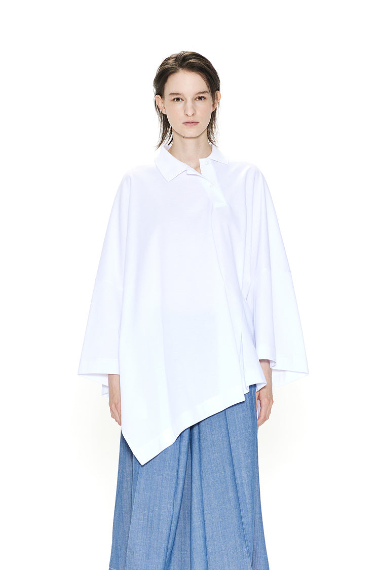 Oversized Asymmetric Wide Polo Top White