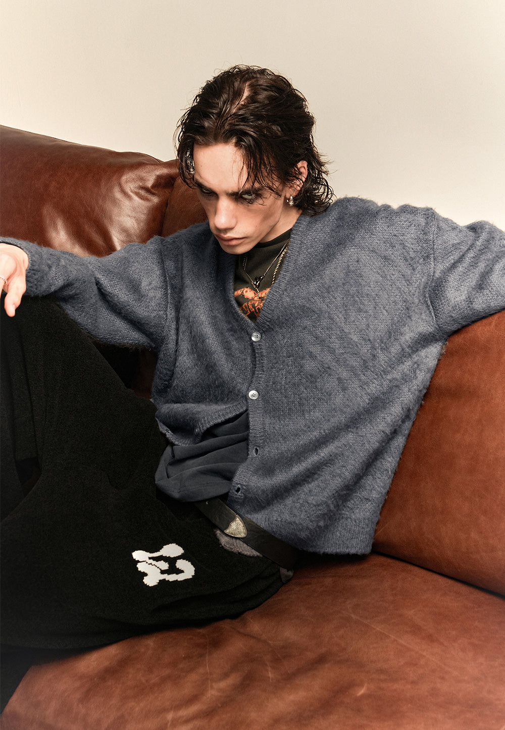 Check brushed cardigan grey