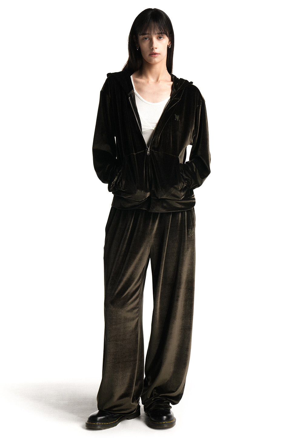 Signature velour slim hood zip-up khaki