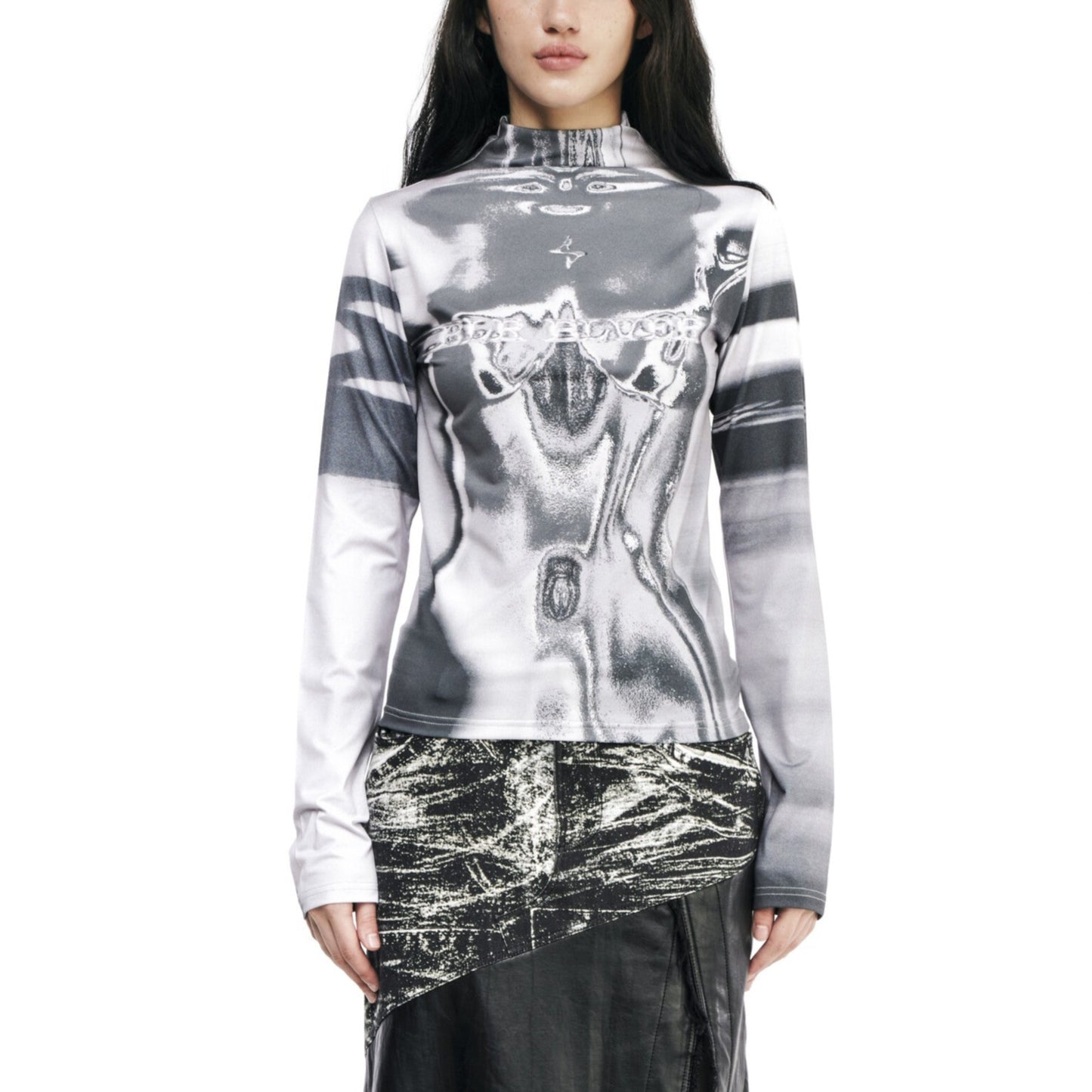Body printed high-neck top gray