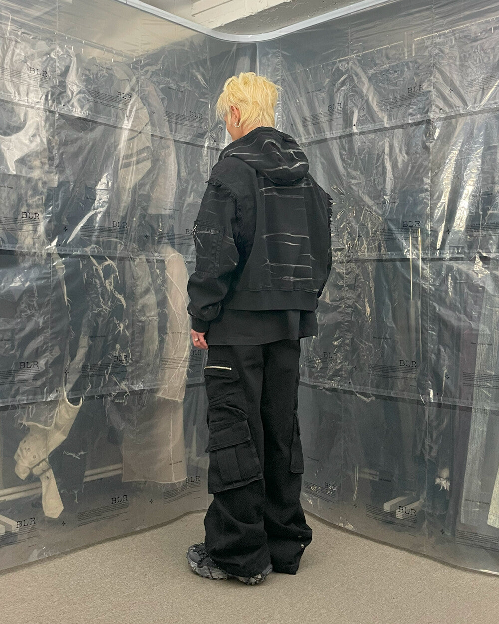 Damaged work denim hood jacket