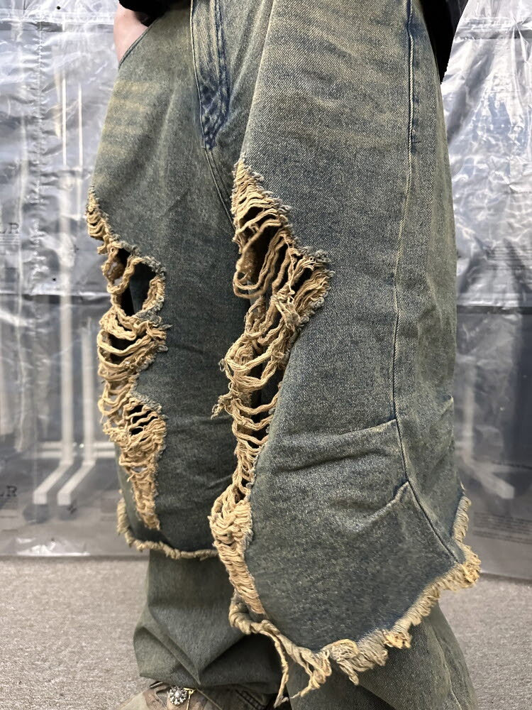 Destroyed vintage double denim pants