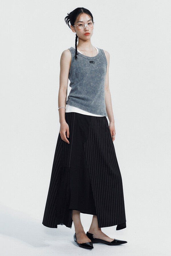 Asymmetric Stripe Pleated Midi Skirt