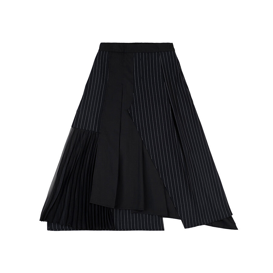 Asymmetric Stripe Pleated Midi Skirt