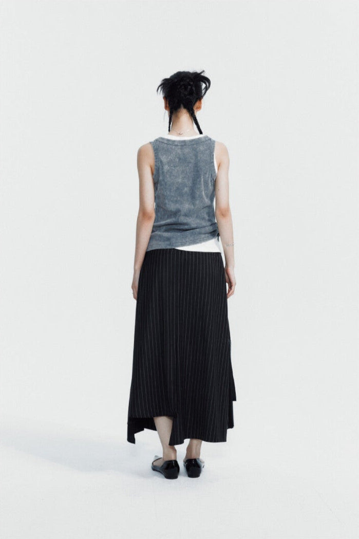 Asymmetric Stripe Pleated Midi Skirt