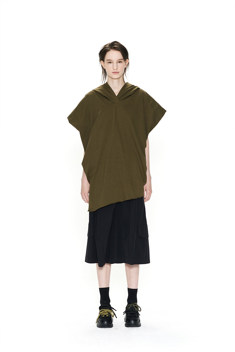 Recycled Fabric Sleeveless Hooded Top Khaki