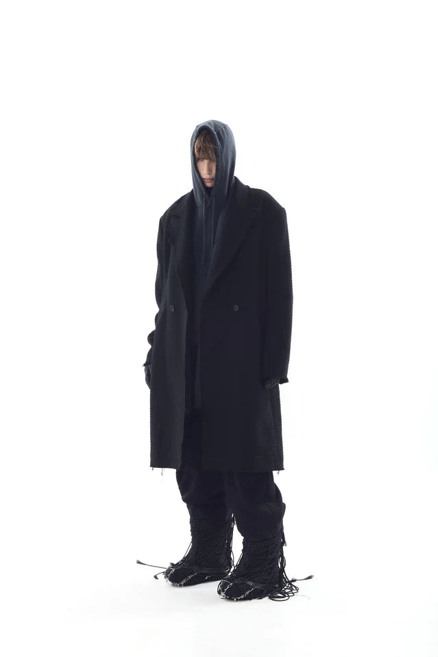 Embossed Raw-Edge Long Double Coat