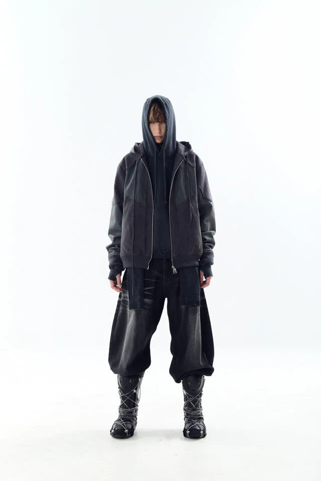 Destroyed Leather And Linen Hoodie Zip-Up Jacket