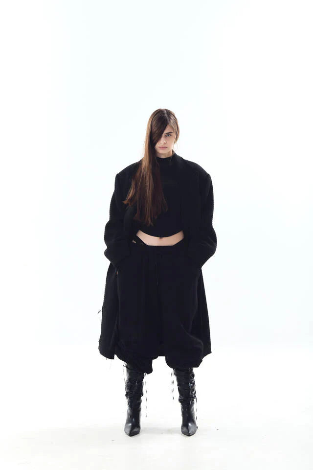 Embossed Raw-Edge Long Double Coat