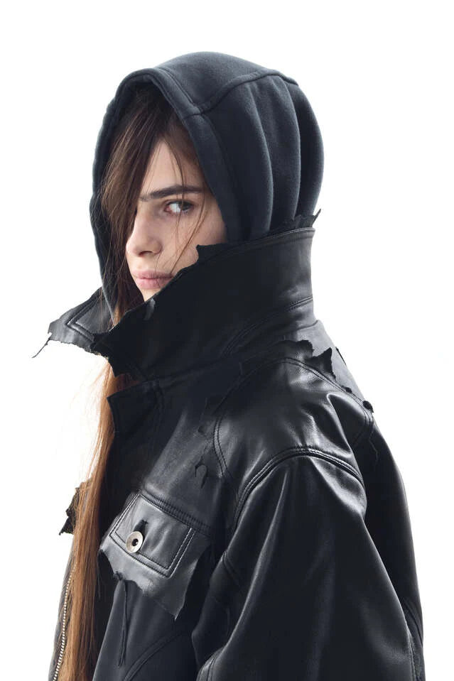 Lambskin Coated  Denim Mixed Long Coat