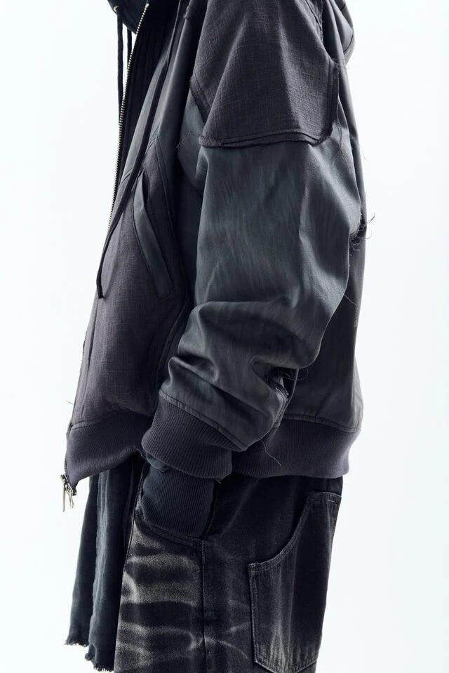 Destroyed Leather And Linen Hoodie Zip-Up Jacket