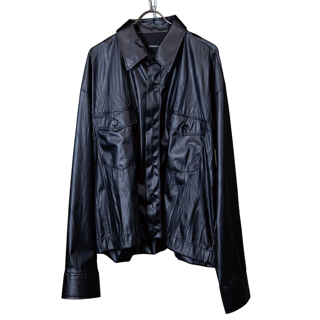 Faux leather shirt jacket black