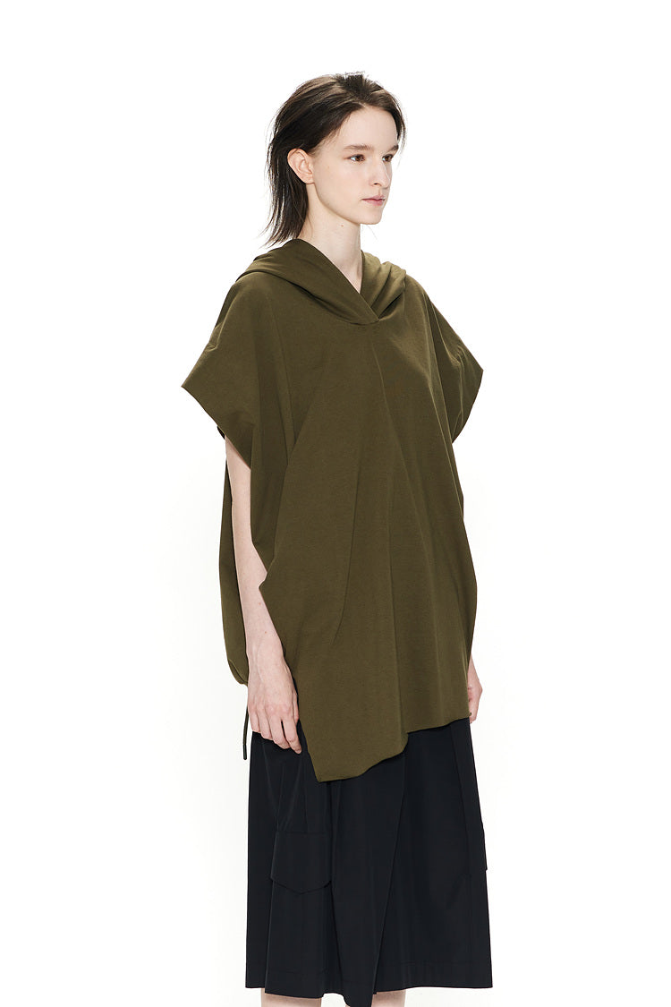 Recycled Fabric Sleeveless Hooded Top Khaki
