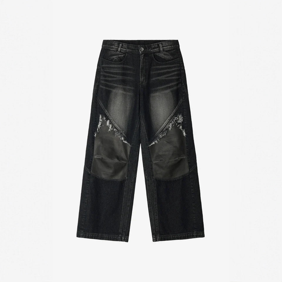Wide Heavy Washing With Leather Pants