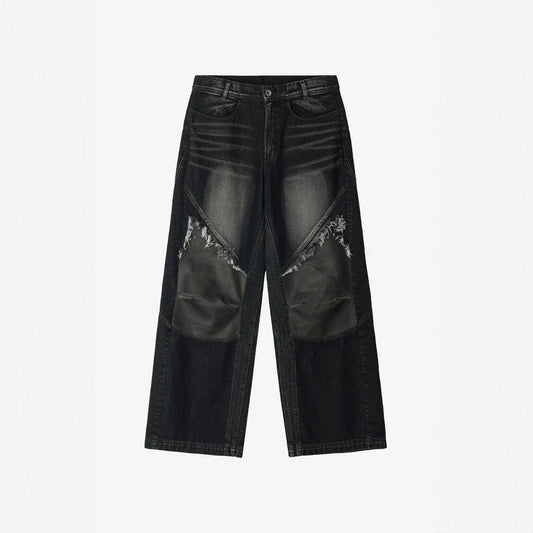 Wide Heavy Washing With Leather Pants
