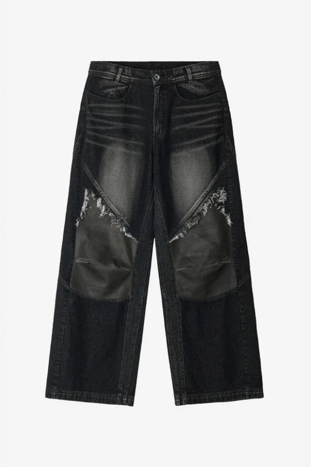 Wide Heavy Washing With Leather Pants