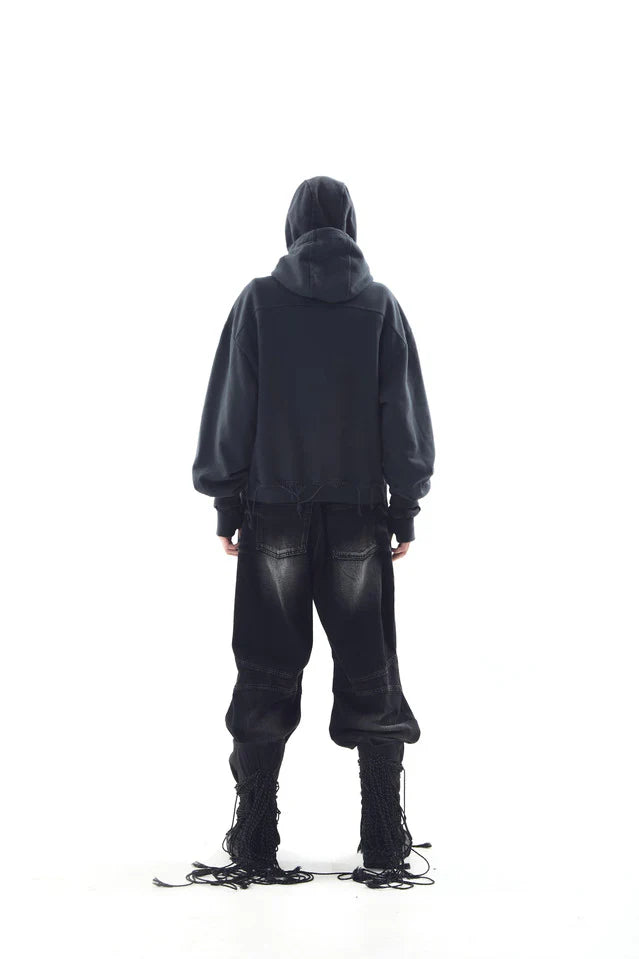 Dyed Raw-Edged Hoodie With Linen  Muffler Black