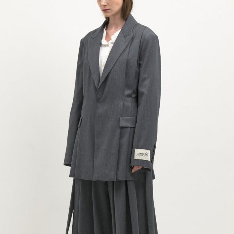 Side pleated strap loose fit blazer gray