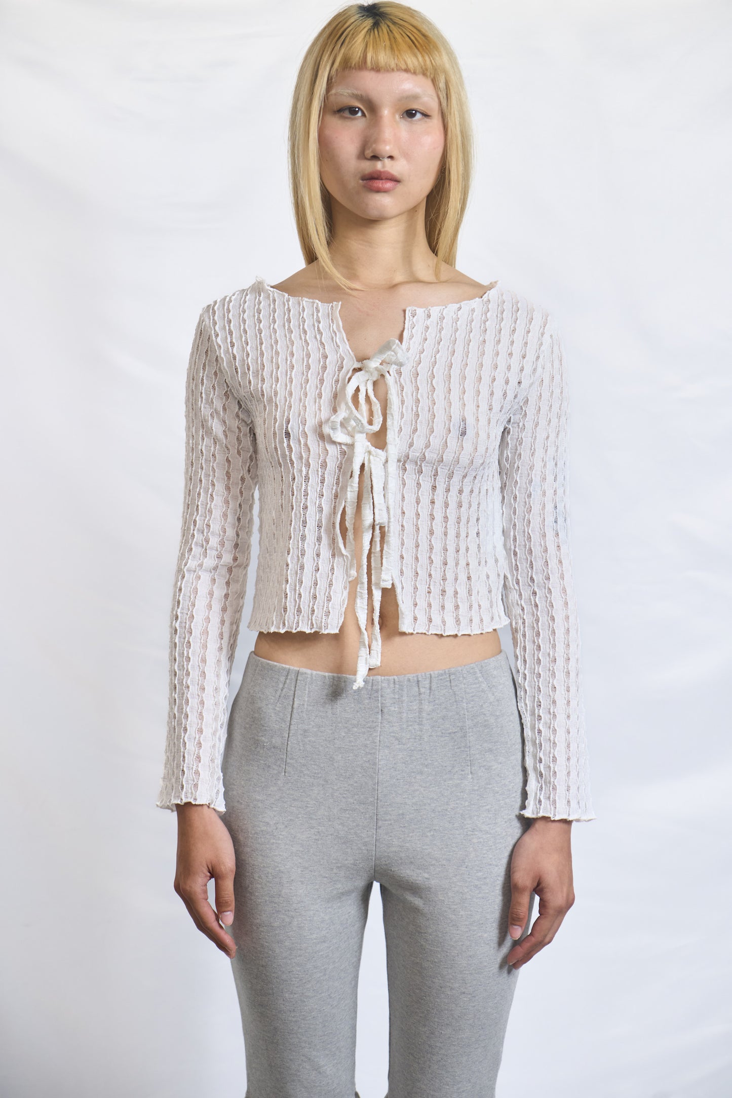 Semi-Sheer Textured Tie-Front Top