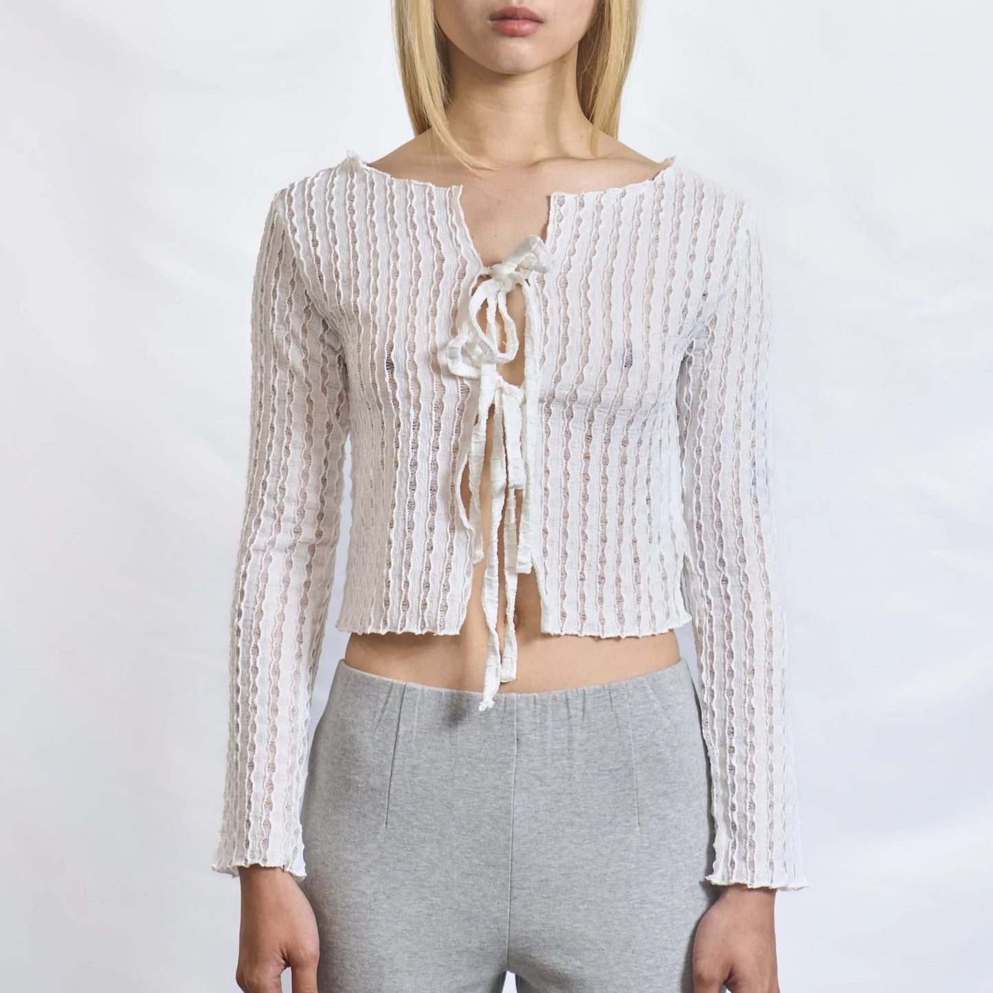 Semi-Sheer Textured Tie-Front Top