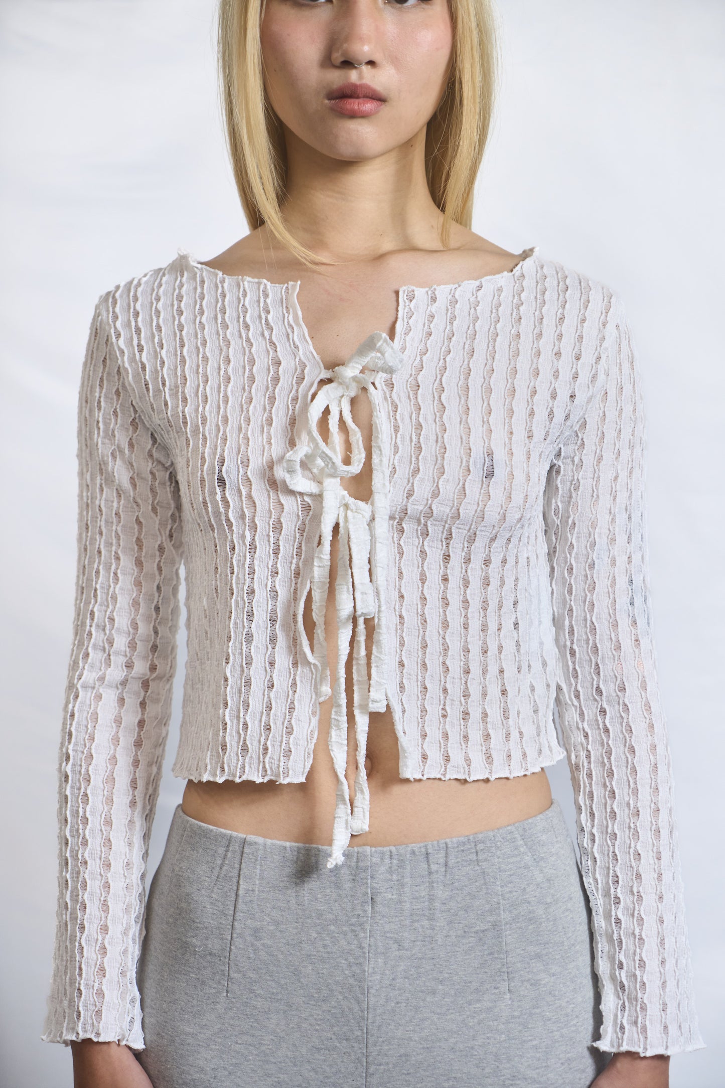 Semi-Sheer Textured Tie-Front Top