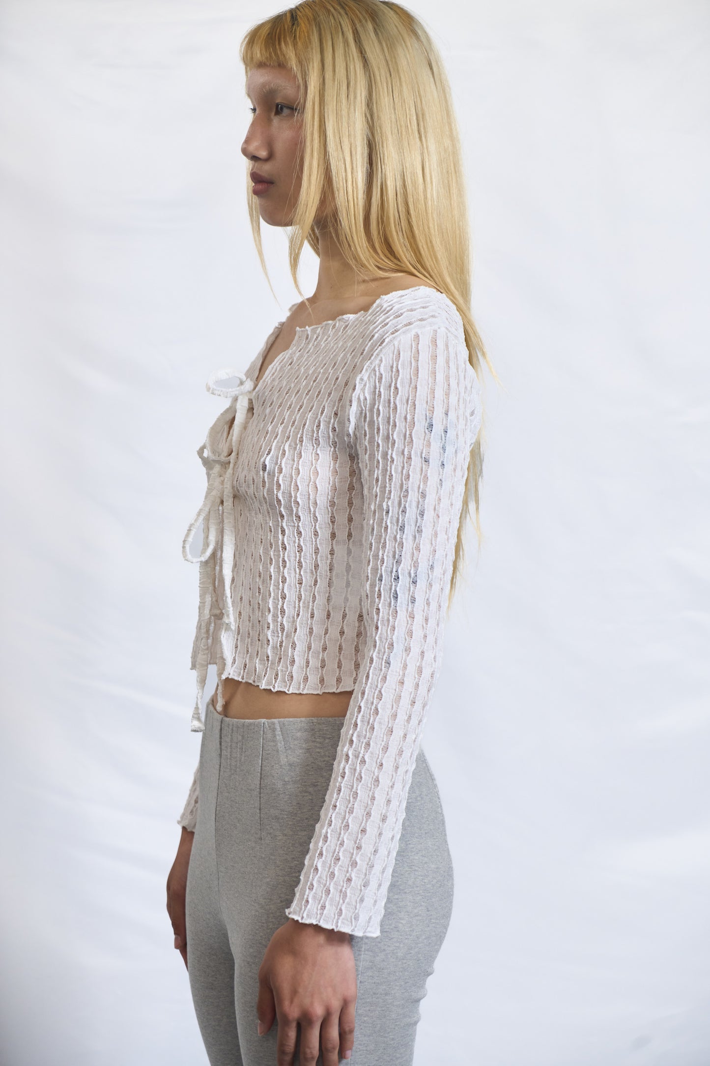 Semi-Sheer Textured Tie-Front Top