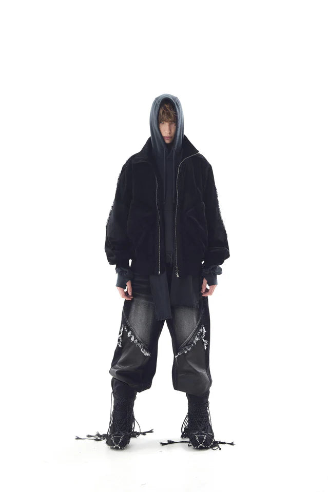 Wide Heavy Washing With Leather Pants