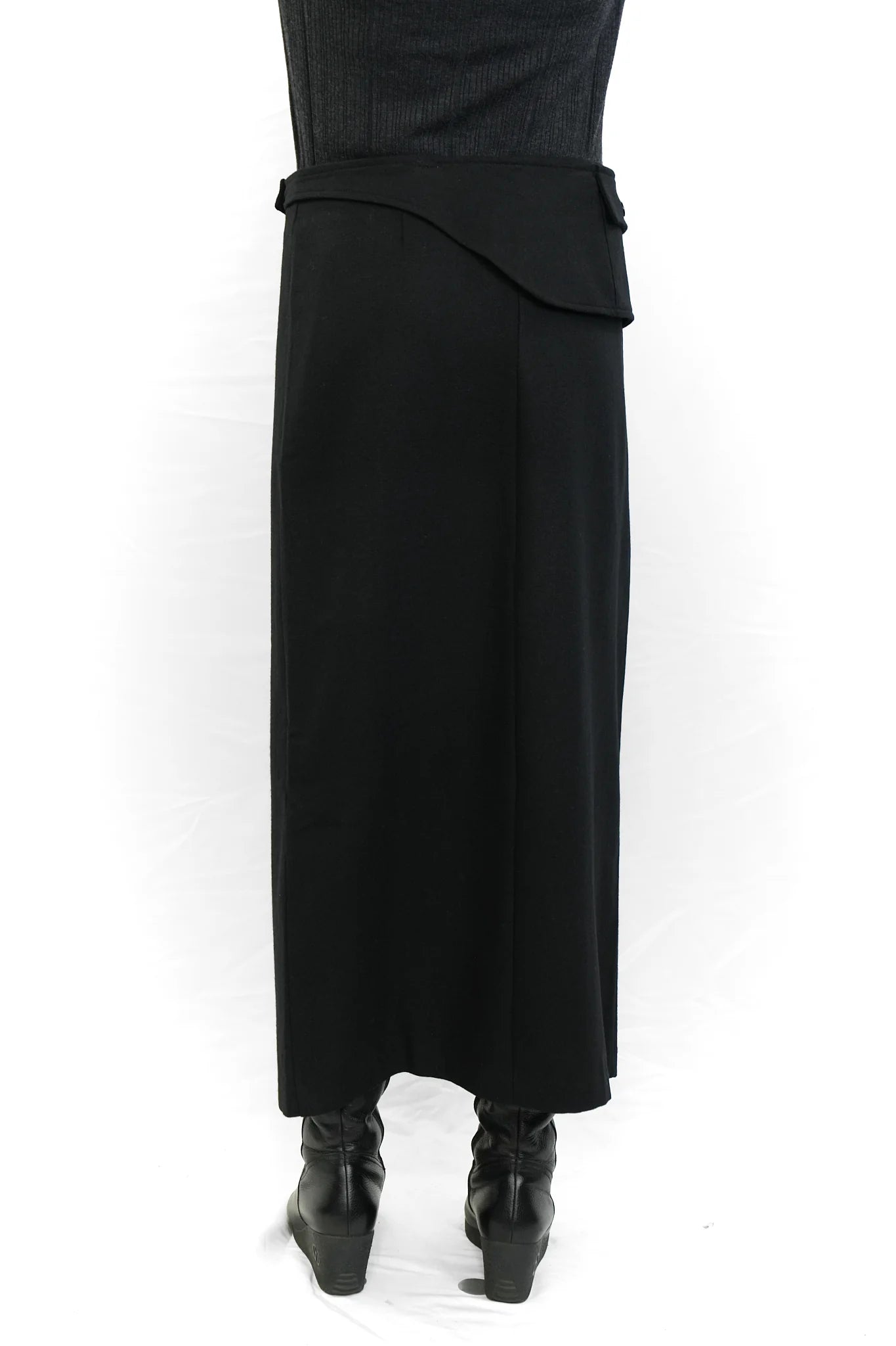 Black wool straight skirt with belt-bag