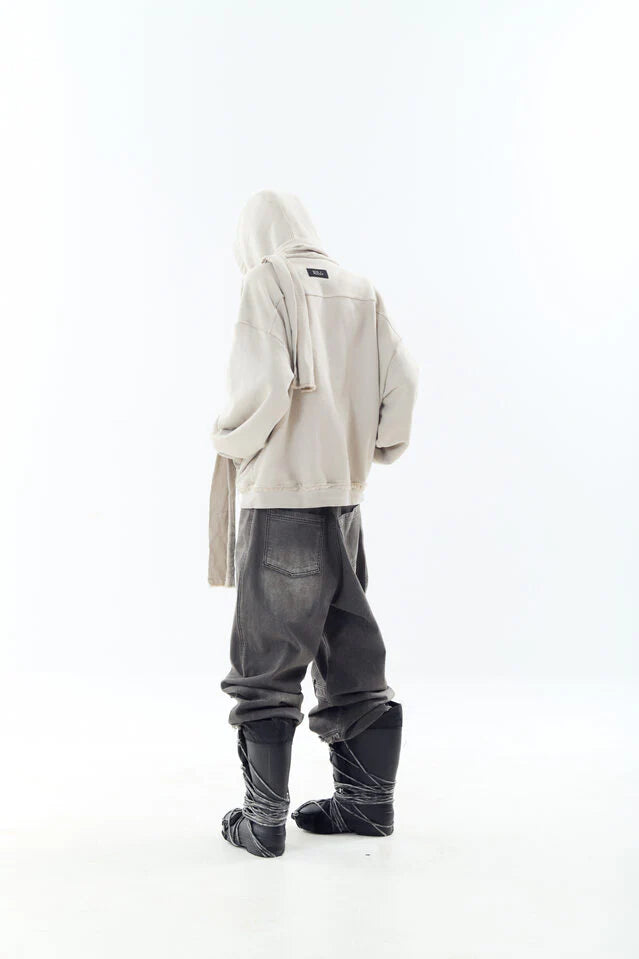 Dyed Raw-Edged Hoodie With Linen  Muffler Ivory