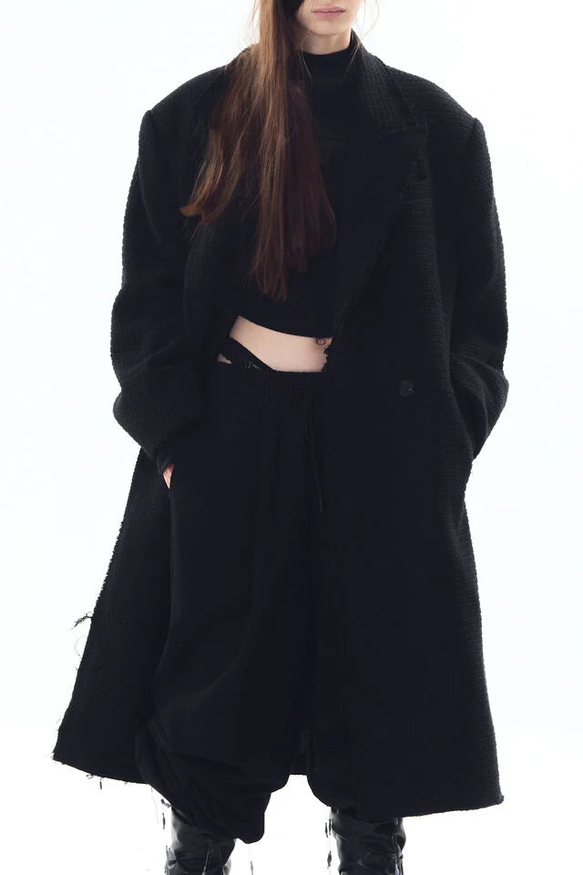 Embossed Raw-Edge Long Double Coat
