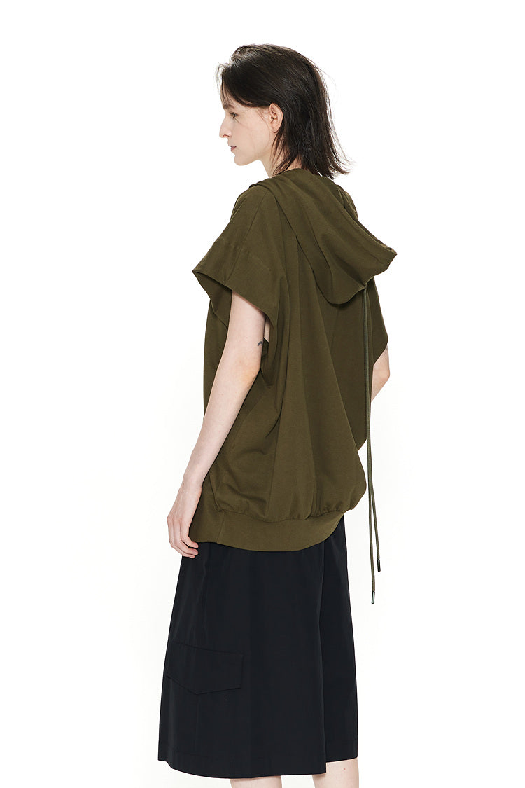 Recycled Fabric Sleeveless Hooded Top Khaki