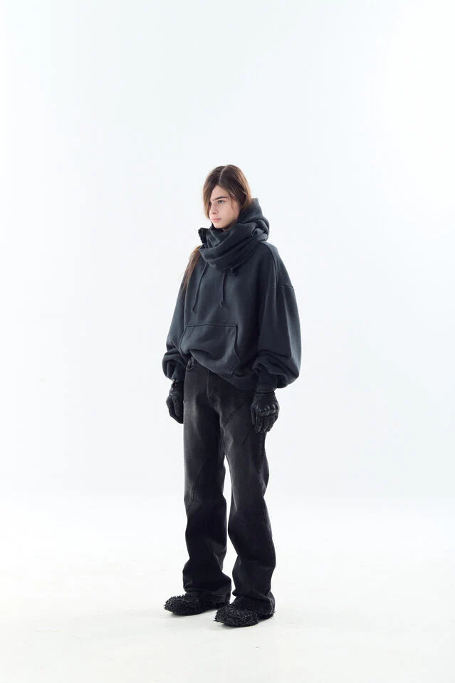 Dyed Raw-Edged Hoodie With Linen  Muffler Black